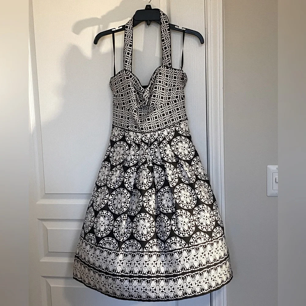 White House Black Market 100% silk black and white printed halter dress. - Picture 7 of 12